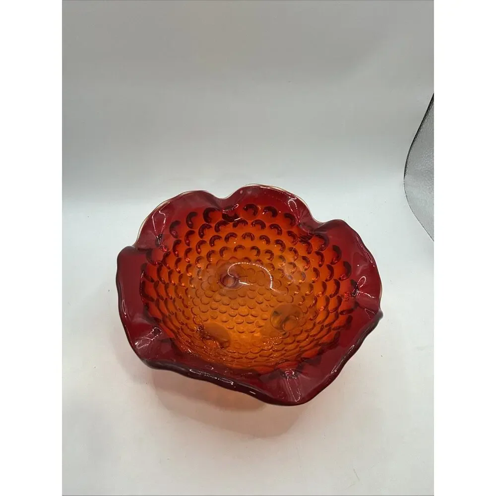 Vtg Fenton Amberina Red Orange Art Glass Hobnail Ruffled Bowl Candy Dish Glows *